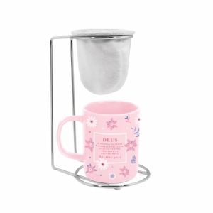 KIT CAFÉ PORCELANA 140ML ROSA DEUS É O NOSSO REFUGIO