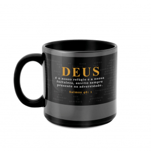 CANECA 330ML PRETA DEUS É O NOSSO REFUGIO