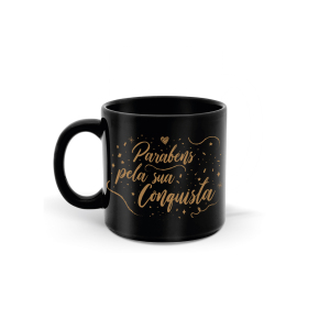 CANECA 330ML PRETA PARABÉNS PELA CONQUISTA